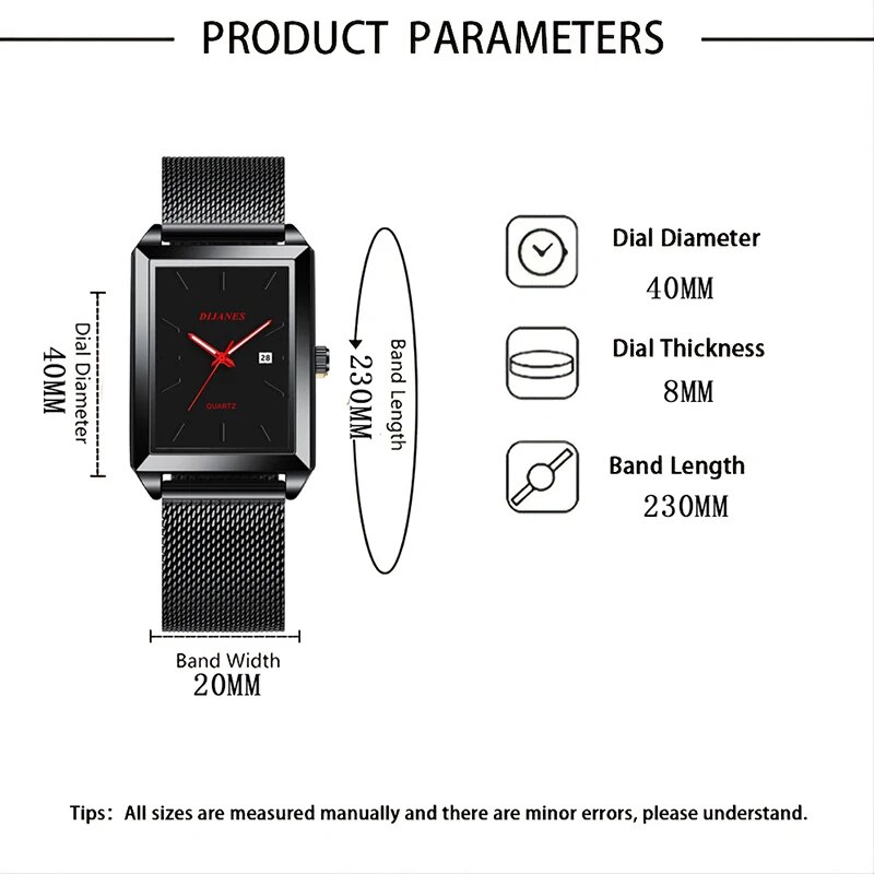 Reloj de pulsera de cuarzo para hombre, cronógrafo de moda, informal, de negocios, cuadrado, negro, de lujo, con correa de malla de acero inoxidable