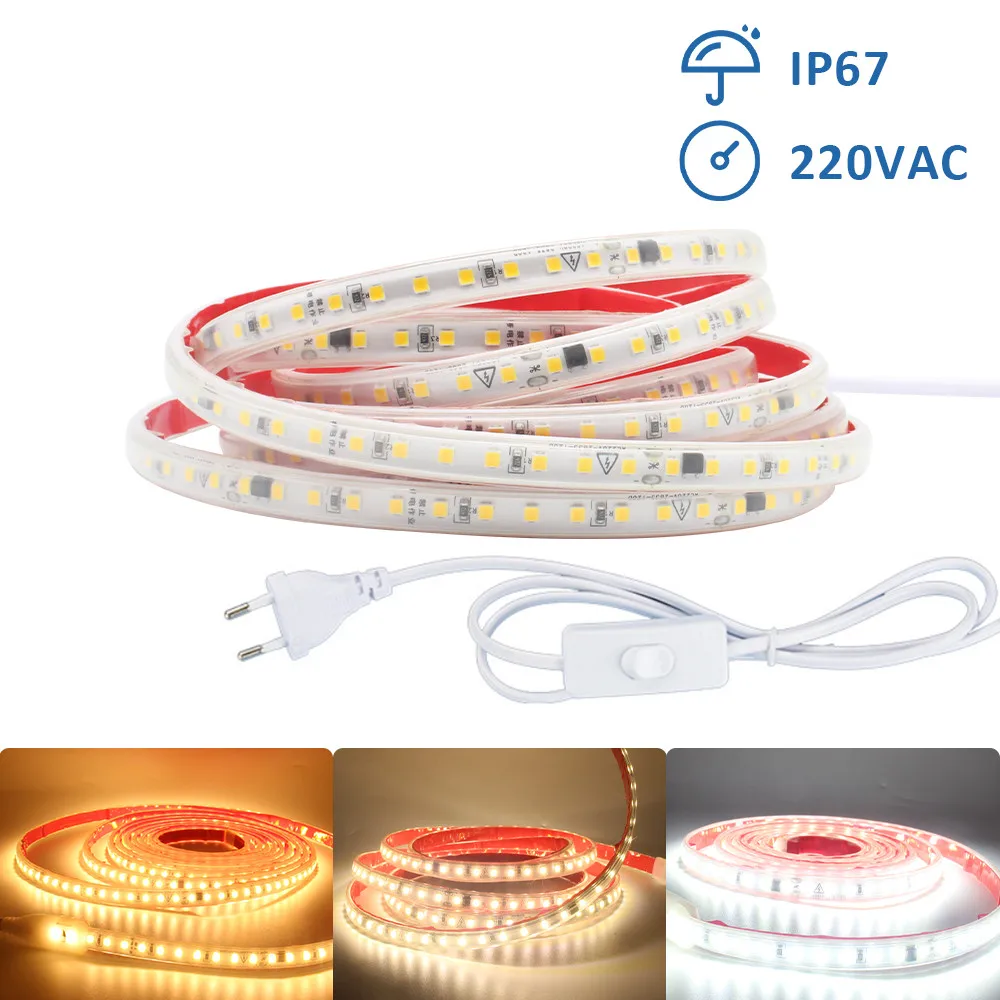 220V 230V AC SMD2835 IP67 LED Strip Light 120 LEDs/m ริบบิ้นยืดหยุ่นอุ่นเย็นสีขาว Linear แสงตกแต่งสวนกลางแจ้ง