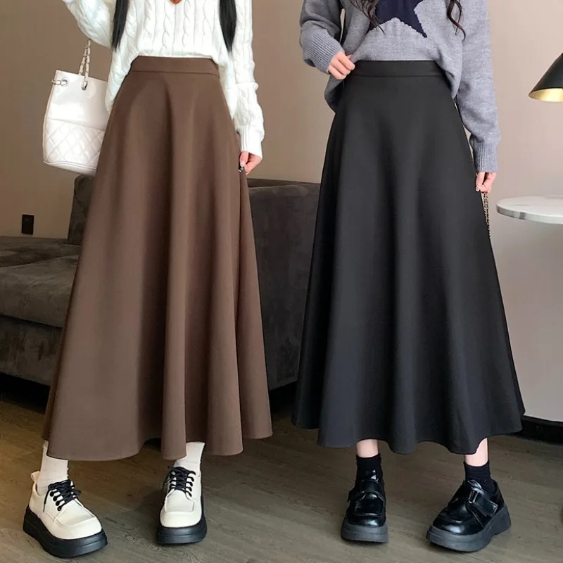 秋冬ロングAラインスカートシンプルウール半身スカートハイウエストミディスカートポリエステル繊維00%レディースファッション