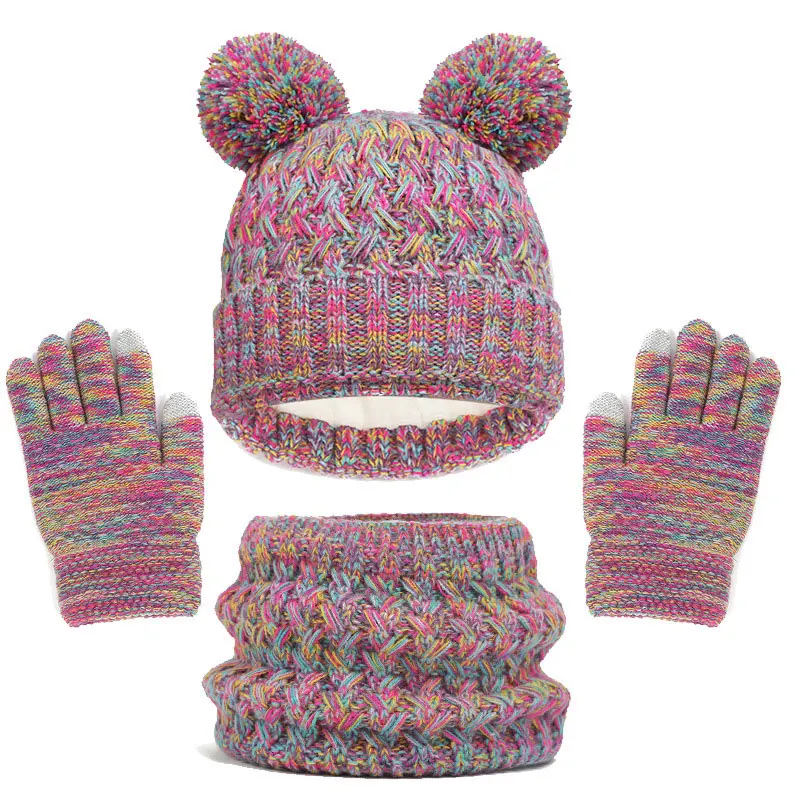 Gebreide Baby Winter Muts 3Pc Set Warme Sjaal Handschoenen Kind Winter Hals Sjaals Beanie Cap Voor Jongens Meisjes Schattige Hoed Handschoenen Pak Voor Kinderen