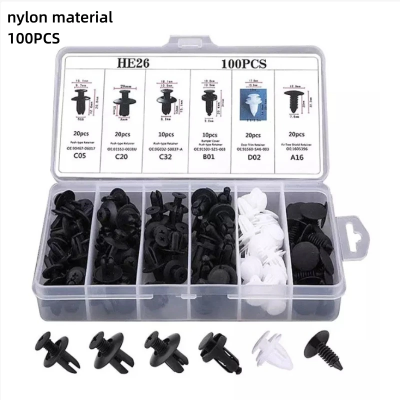 100/50 pcs Mixed Auto Plastic Fastener Clips – 6 Types Quick-Fix Car Interior Trim Rivets & Buckles in OPP Bag/Box