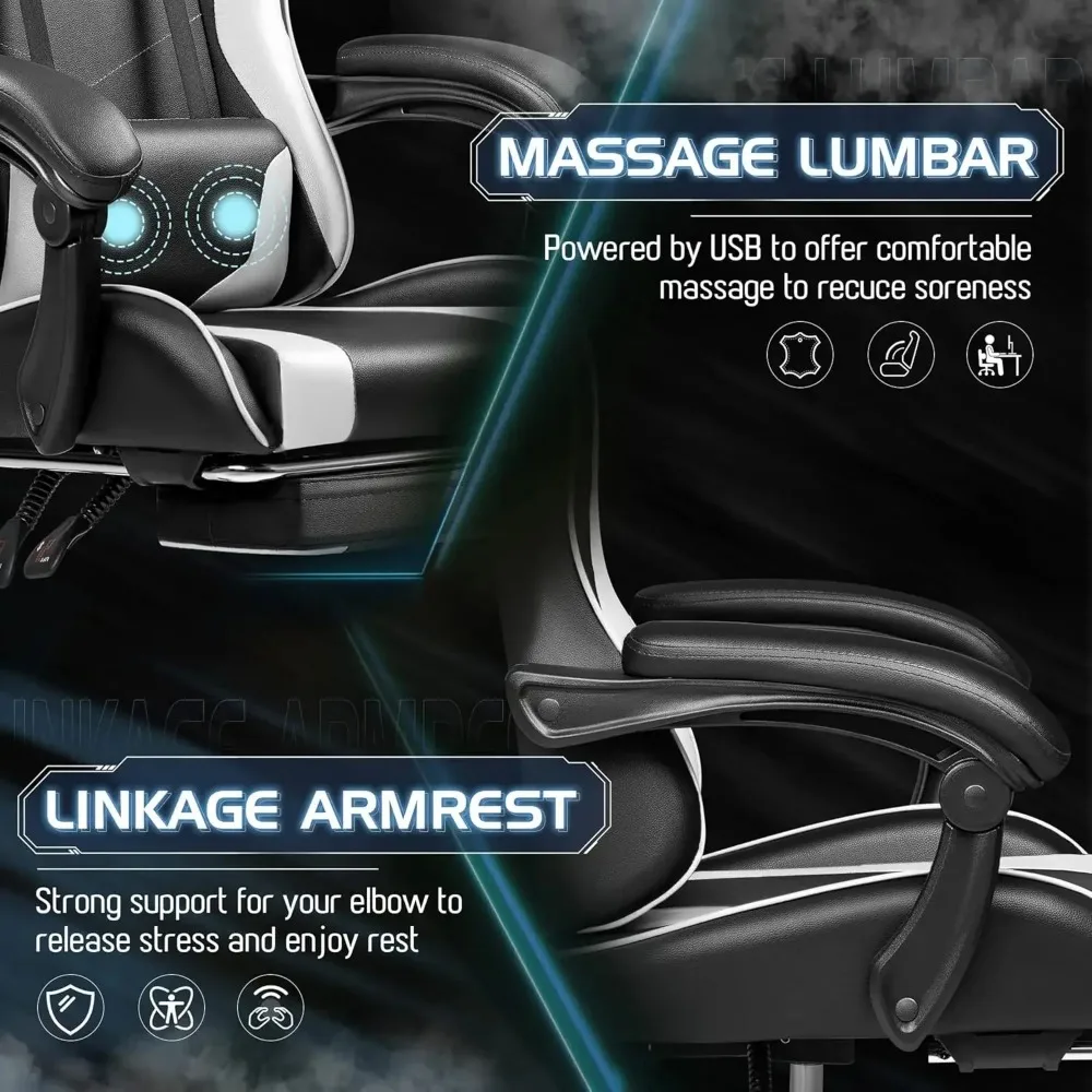 Gaming Chair, Video Game Chair with Footrest and Massage Lumbar Support, Ergonomic Computer Chair Height Adjustable