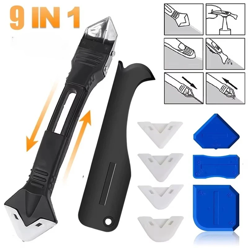 Applicateur de buse de calfeutrage en Silicone, grattoir, mastic, calfeutrage, dissolvant lisse, Kit d'outils, finition de calfeutrage au sol, accessoires de coulis, 9 pièces