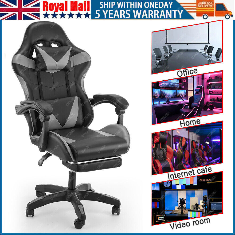 Ergonomic Gaming/Office Swivel Computer Chair with Adjustable Footrest & Racing Style PU Leather Design (Grey) ‌