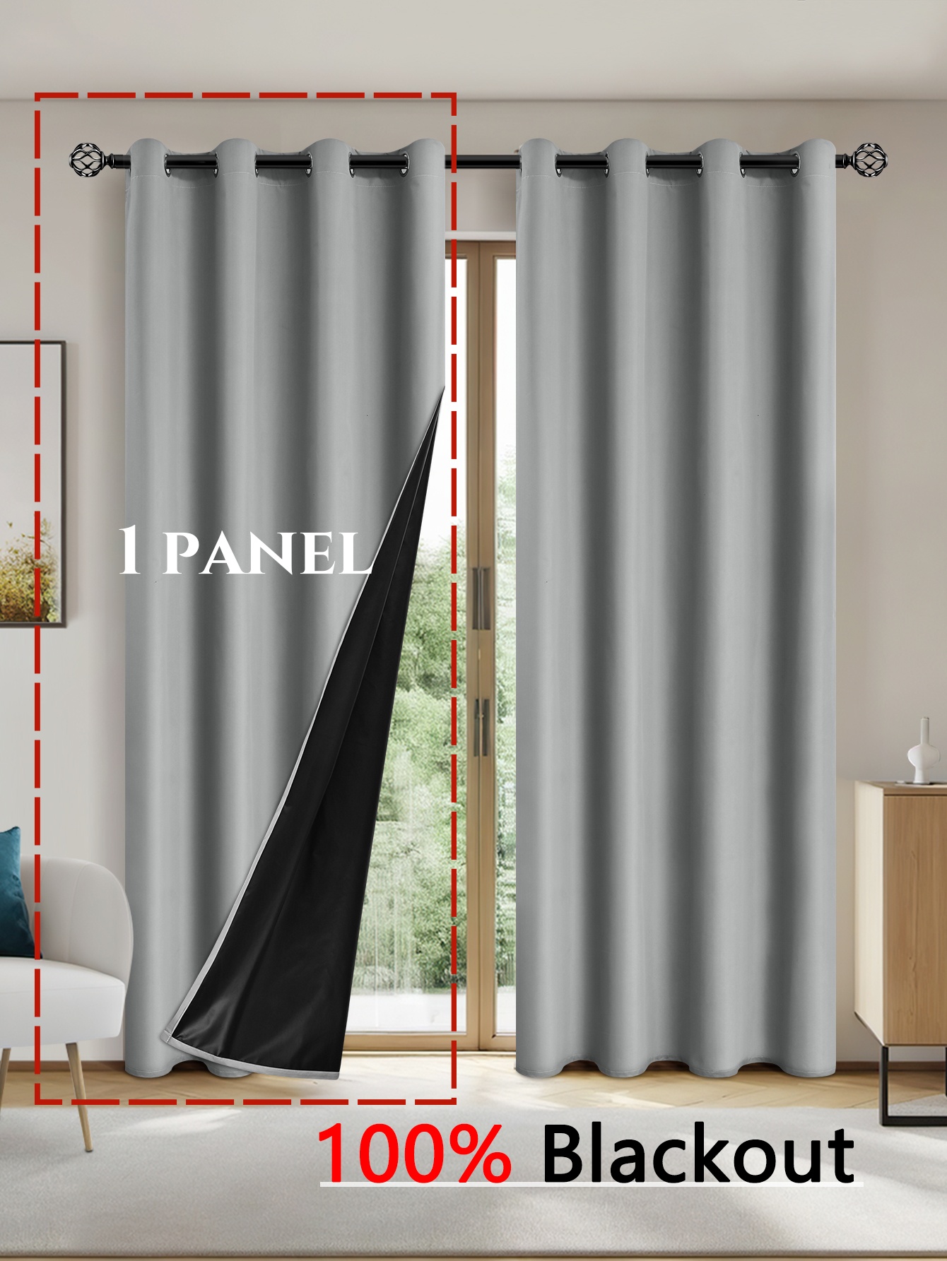 1panel Solid 100% Blackout Curtains with Grommets, Total Privacy Drapes for Bedroom, Living Room, Home Decor