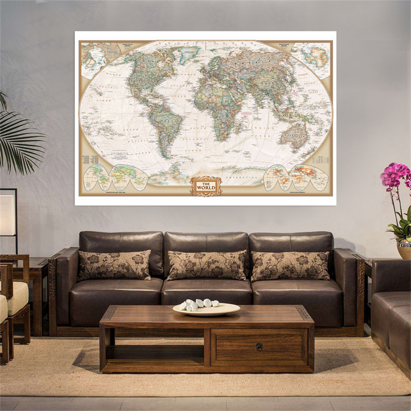 Mapa mundi vintage 150x100cm, pintura não tecida, pôster de arte de parede retrô, material escolar, sala de estar, decoração de casa