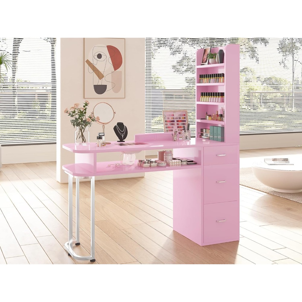 Manicure Table, Professional Nail Table for Nail Tech with Side Cabinet and Large Drawers, Nail Workstation with Dust Collector
