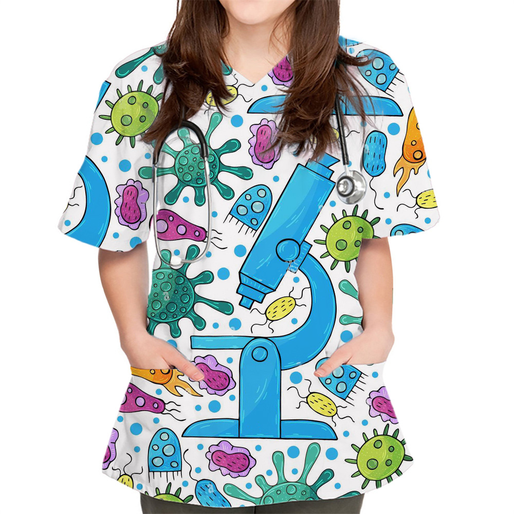 Mulheres Esfoliante Estampado com Bacteriograma, Farmacêutico, Veterinário, Enfermeira, Magra, Beleza, Roupas de Spa, Uniforme de Laboratório Médico, Moda, Novo