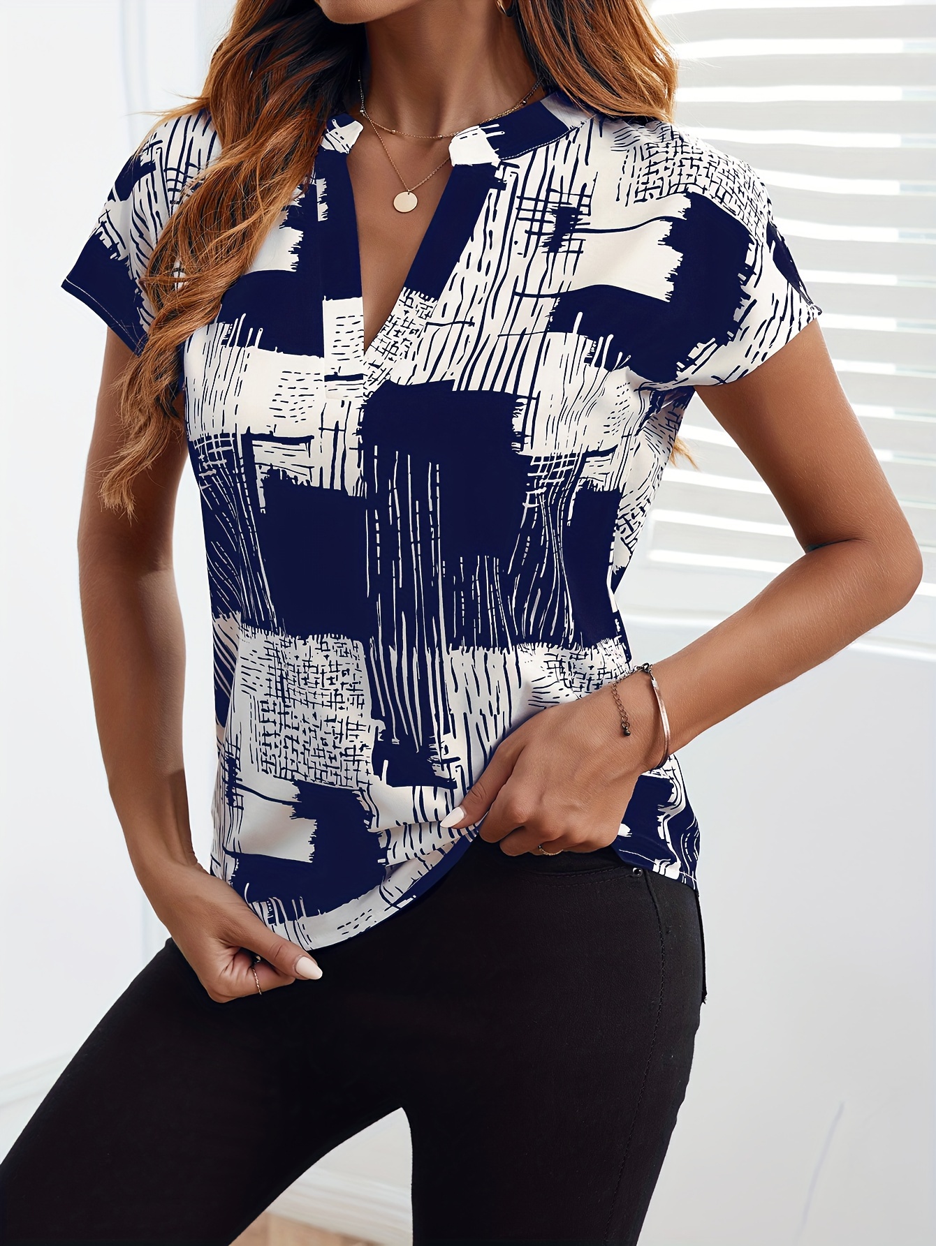 New Women's V-Neck Short Sleeve Shirt, Women's Full Print Dolman Sleeve Top, Women's