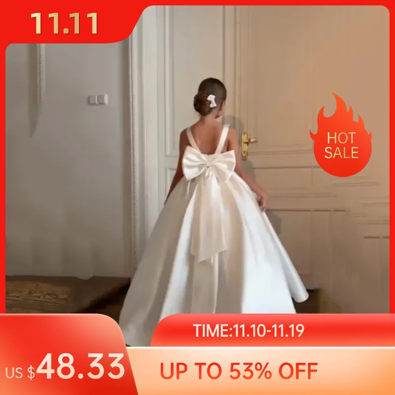Oimg simples marfim uma linha vestidos da menina de flor o pescoço vestido de festa de casamento com arco grande longo vestido de aniversário de princesa personalizado