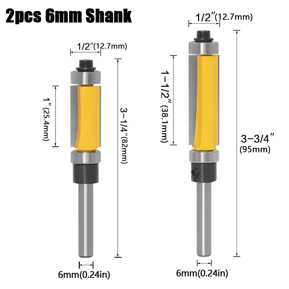 6mm 1/4" Shank Template/Trim Router Bit, with 2" Long Routing Cutters. Features: top & bottom ball bearings Woodworking Tool