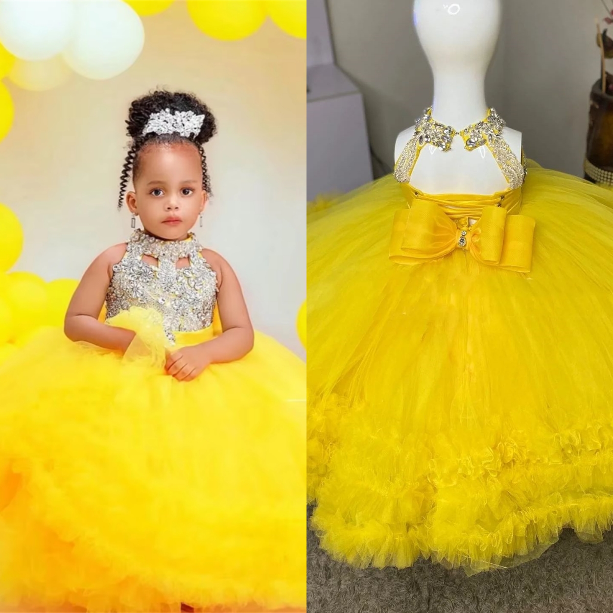 Mooie pluizige gele bloemenmeisjesjurk mouwloze tule kralen voor bruiloftsfeest kleine babymeisjes prom kinderverjaardagsjurken
