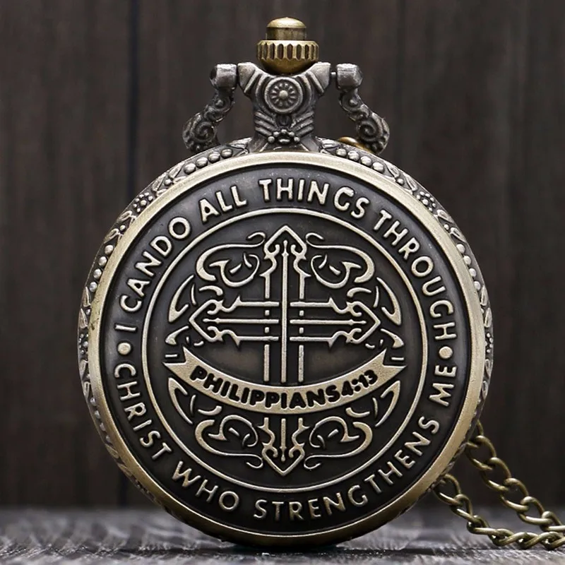 Vintage-Stil Bibel Philippischer Jesus Christus Christian Bronze Quarz Taschenuhr Kettenuhr Damen Herren Geschenk Mode Halskette Uhr