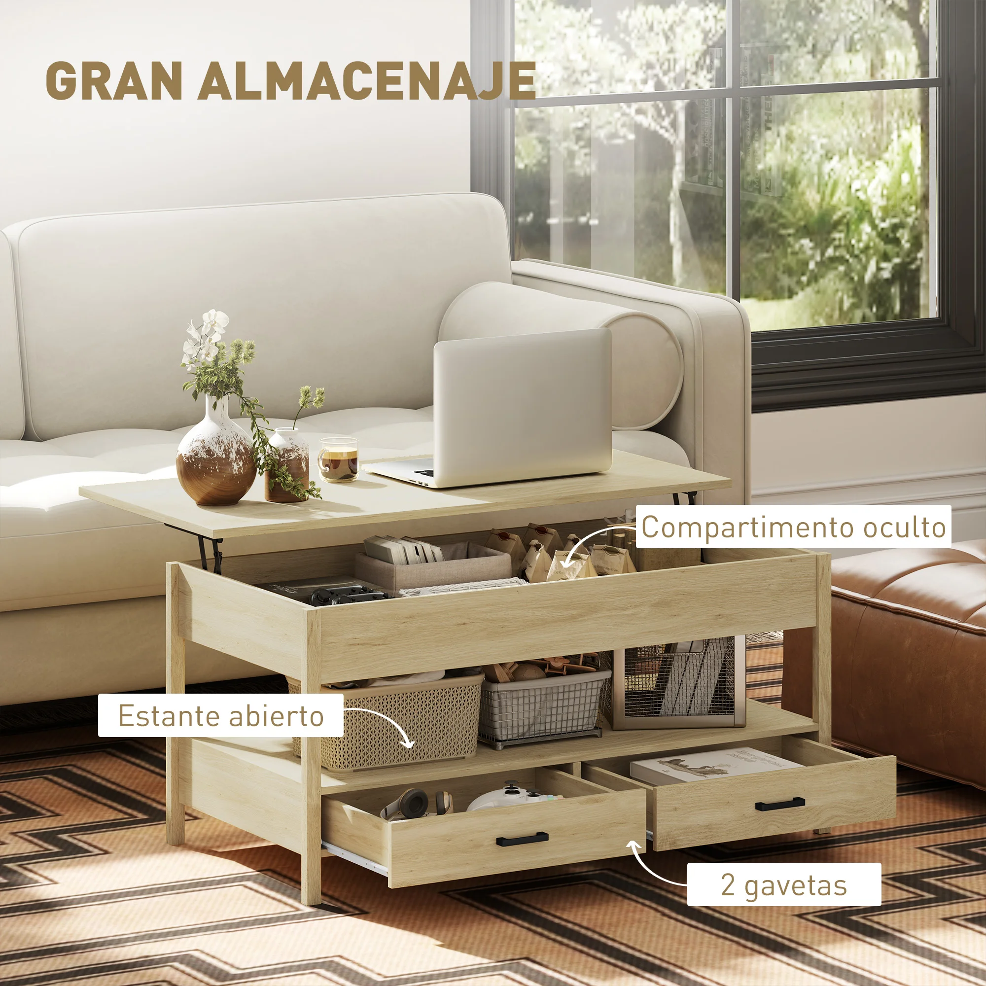 Homcom anhebbarer Couchtisch mit Stauraum, verstecktem Fach, Schubladen und offenem Regal, 100 x 50 x 48–62 cm, Eiche