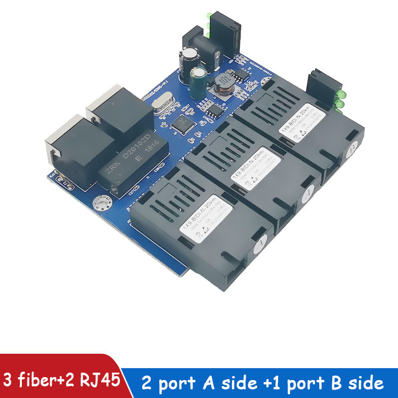 Convertidor de interruptor Ethernet rápido 3F2E, convertidor de medios de fibra óptica Ethernet de 20KM, modo único, 2 RJ45, 3 puertos de fibra SC, 10/100M