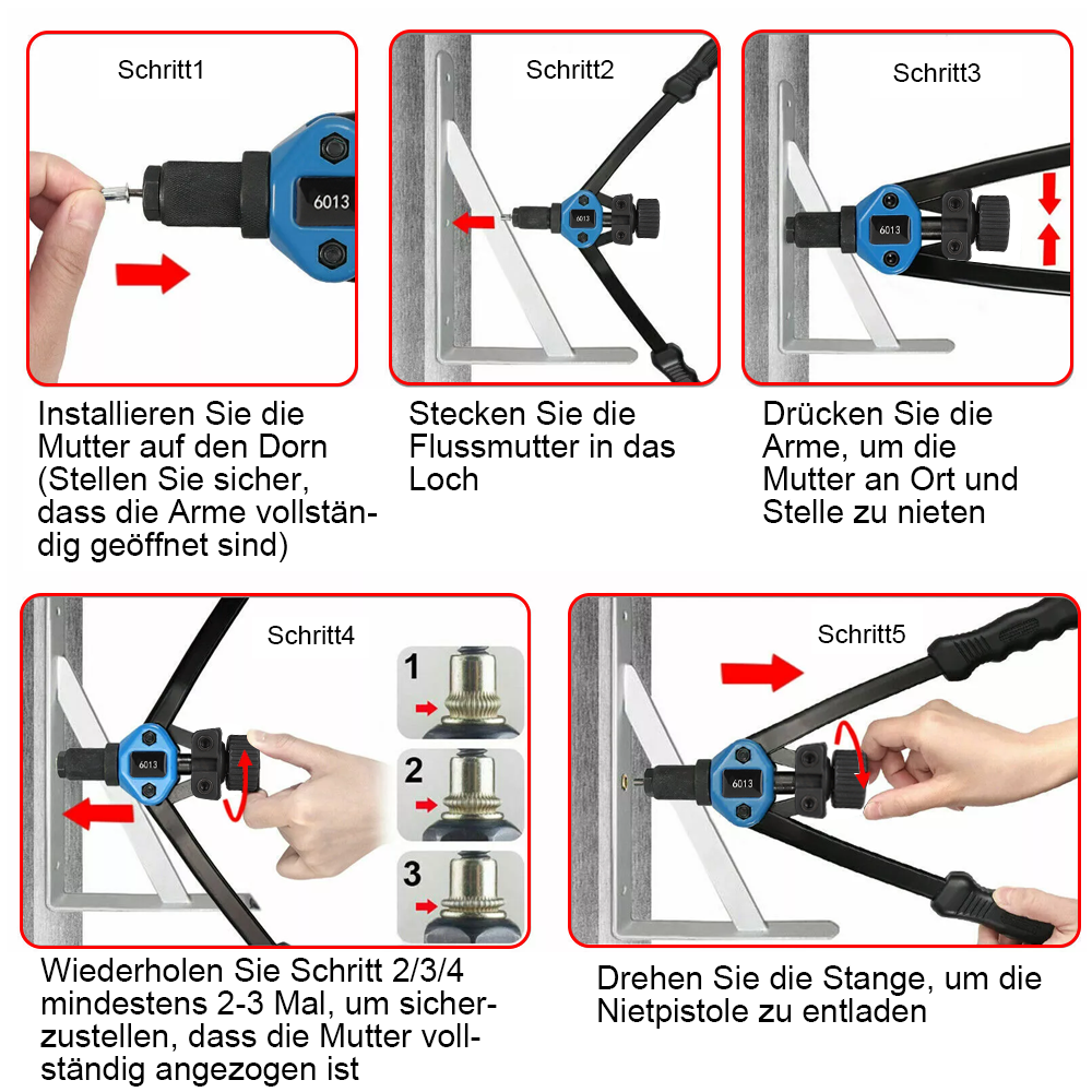 Klinknagelmoertangset, klinknageltangset, 110 klinkmoeren in M5 M6 M8 M10 M12, heavy-duty handklinkhamer klinkmoerpistool