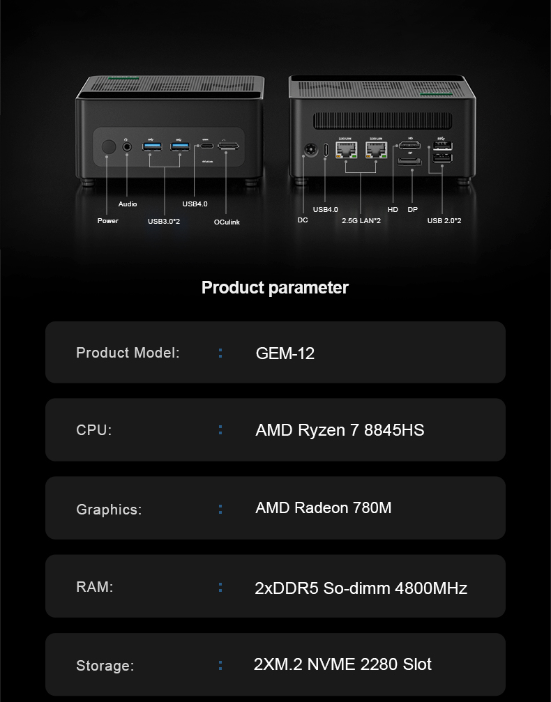Chatreey GEM Mini PC R7 8845HS 7840HS 780M R9 6900HX 680M Computadora de escritorio para juegos con WiFi 6/Bluetooth 5,2/OCuiLink/HDMI/USB 4