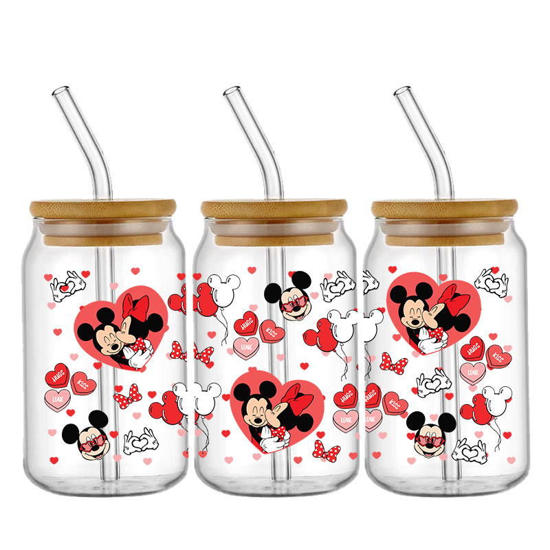 Mickey Minnie Cartoon Princess Winnie Little Bear Stitch High-Quality Wraps 16oz Glass Cup UV DTF Wrap Transfer Decals