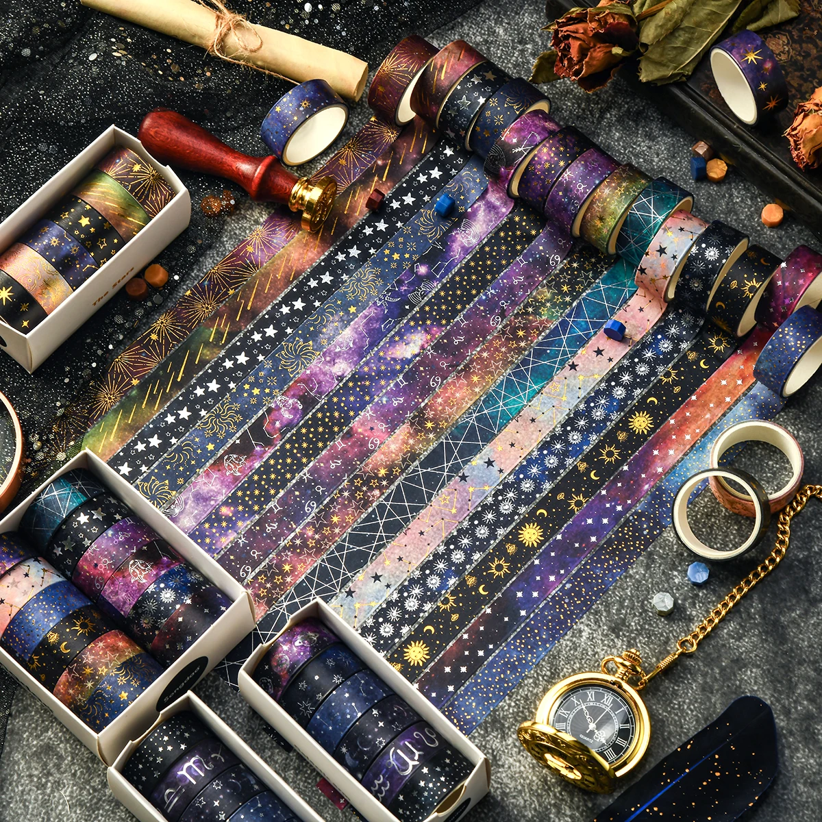 6 rolls of starry sky bronzing pattern washi tape, constellation pattern tape and gift wrapping decoration, gifts for friends