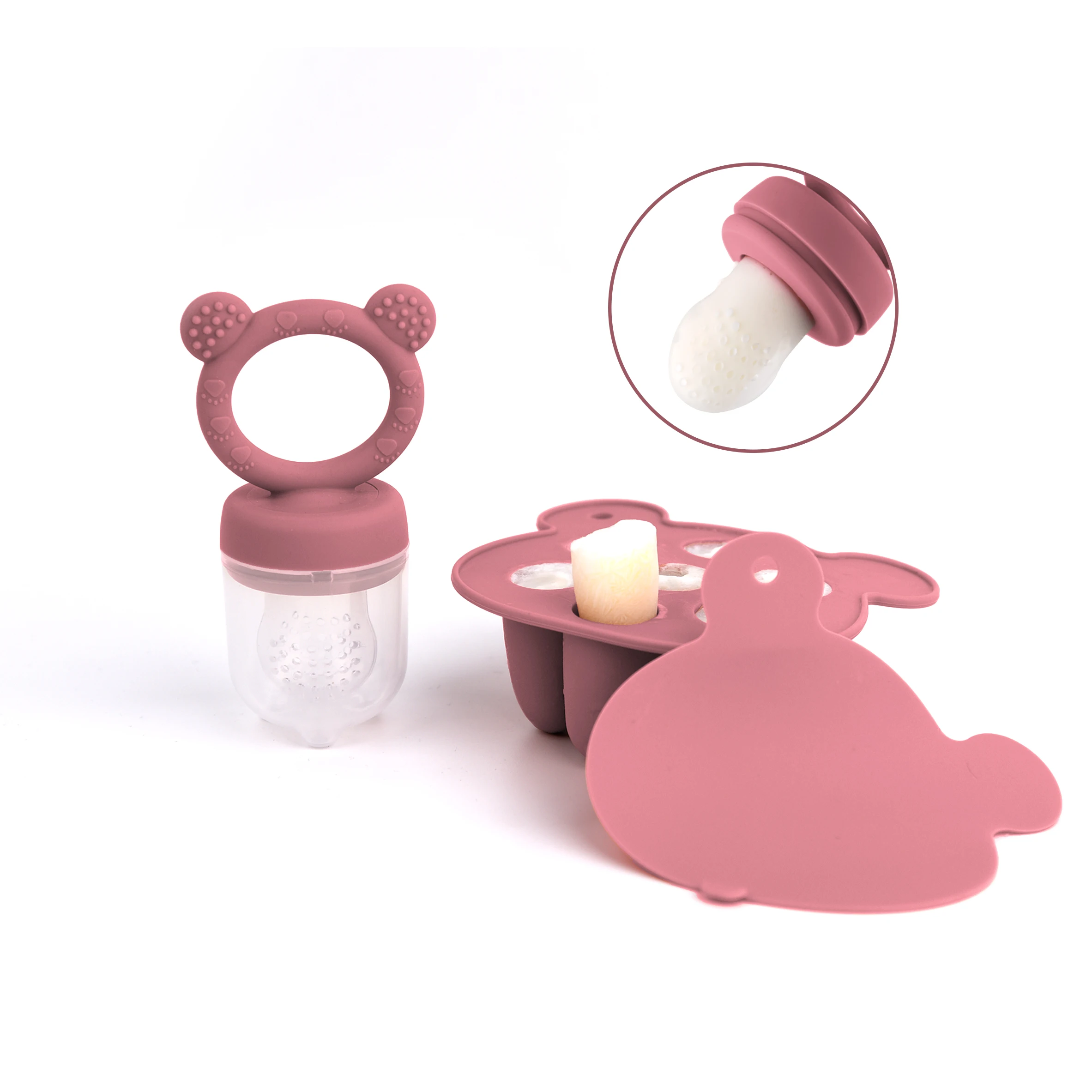Mais recente design animal urso conjunto alimentador de frutas leite materno freezer bandeja comida sopa silicone freezer bandeja silicone picolé molde