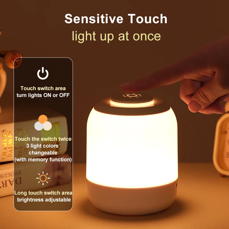 Lámpara de mesa LED con Sensor táctil, luz nocturna, 3 colores, ajustable, recargable por USB, lámpara de mesita de noche portátil para niños, luces de regalo para bebés