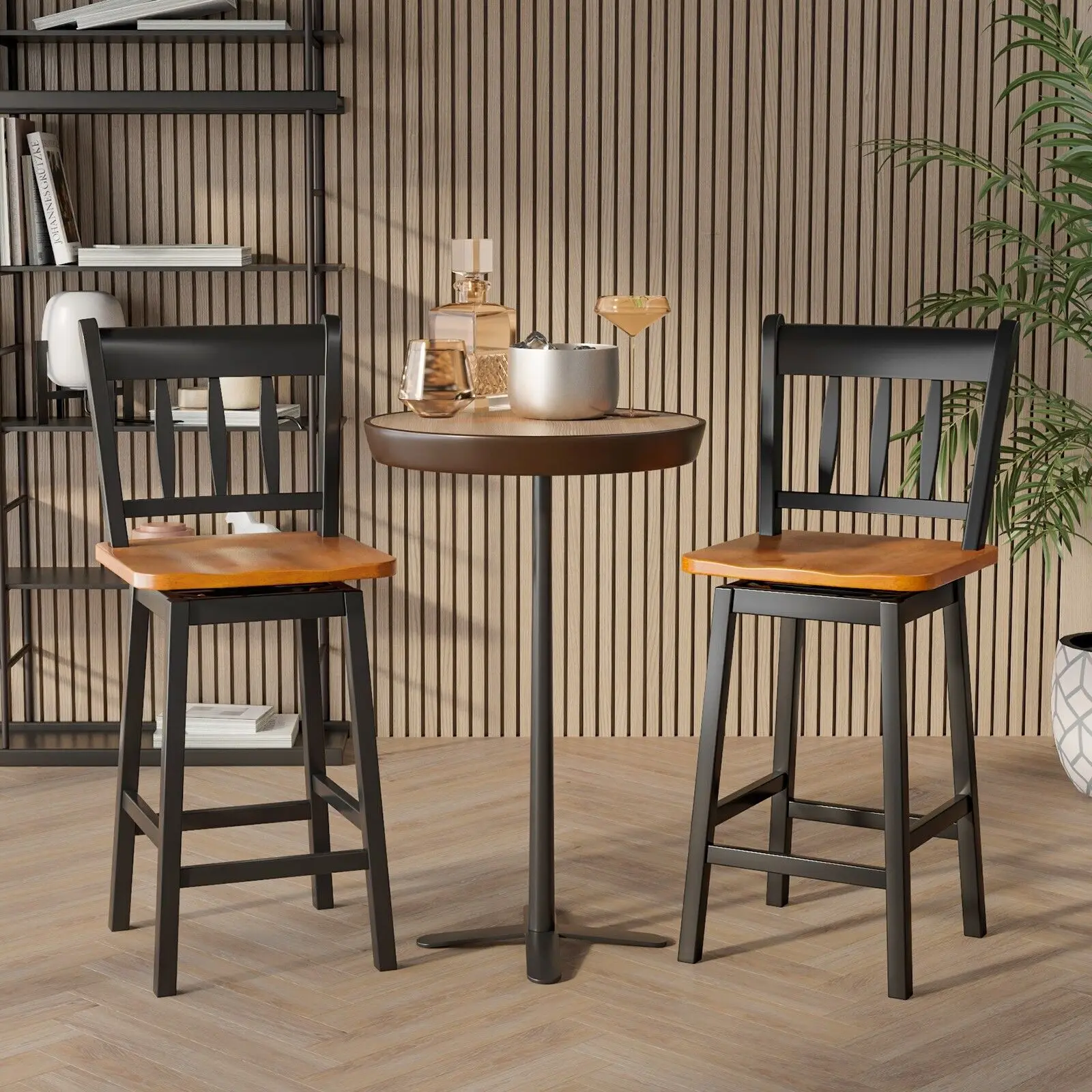 GOFLAME Bar Stools Set of 2 Rubber Wood Swivel Bar Chairs with Backrest & Footrest