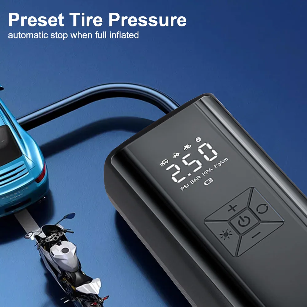 Portátil sem fio pneu manômetro, Compressor de ar com luz LED, Display LCD Digital, 150PSI, 120W