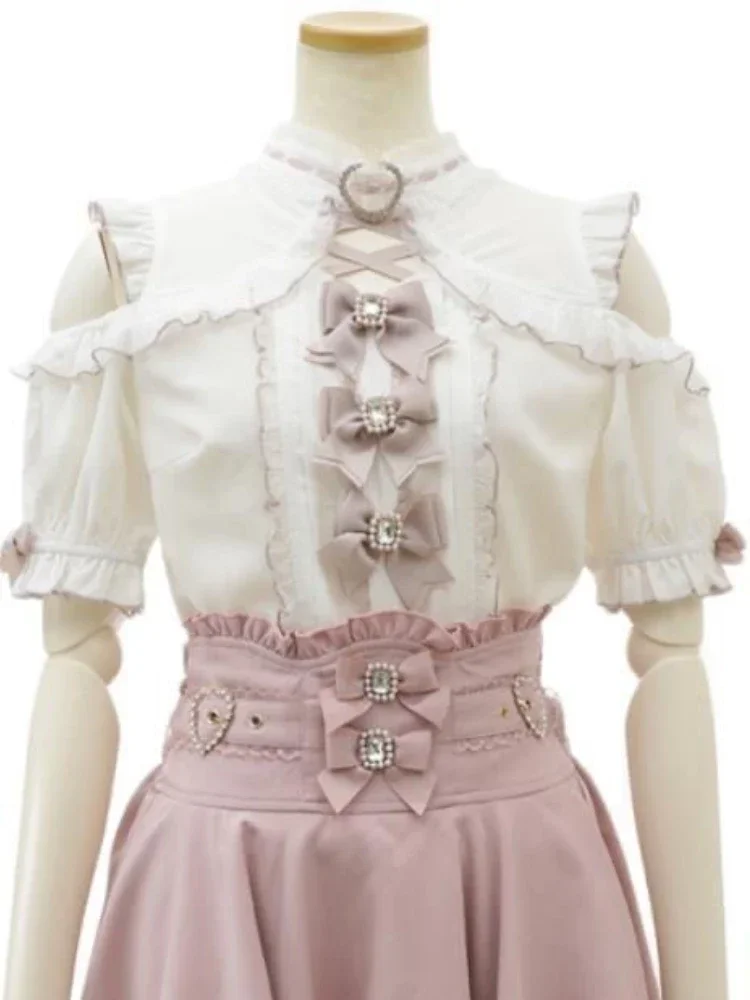 Blusa japonesa Lolita Kawaii con hombros descubiertos, camisas De retazos De encaje Y2k con lazo estético para Mujer, Blusas JK que combinan con todo