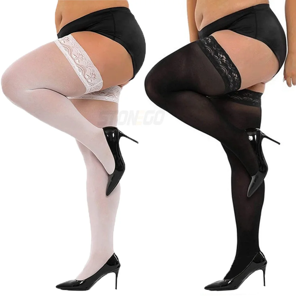 Plus Big Size Damen ultradünne Spitzenstrümpfe Oberschenkelhohe Strümpfe Silikon Spitzenoberteil Stay Up Seidenspitzensocken