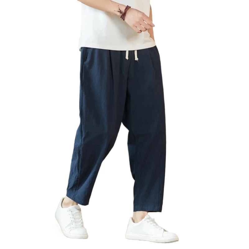 ใหม่ผ้าฝ้ายลินินบุรุษกางเกงสบายๆสีทึบBreathable StreetwearหลวมตรงDrawstring Baggyน้ําหนักเบากางเกงกีฬา