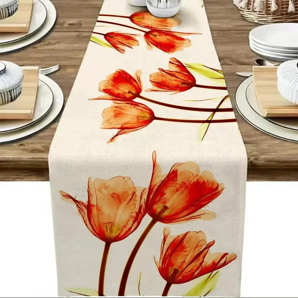 Tulipリネンテーブルランナー、農家スタイル、キッチンダイニングテーブルの装飾、屋内と屋外のホーム、13x70インチ