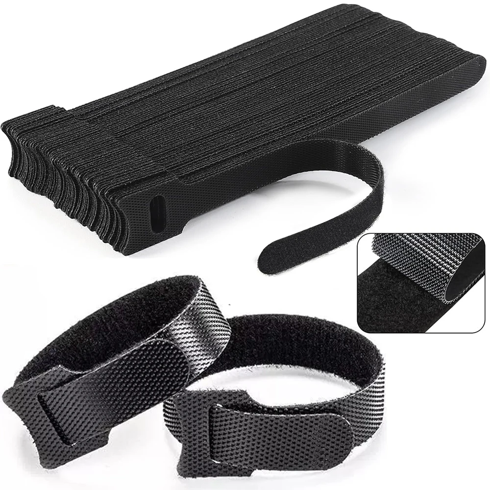 Releasable Cable Ties Black Nylon Loop and Hoop Fastener Tape Cord Straps Wire Organizer Multi-Purpose Bundling Wrap Tie