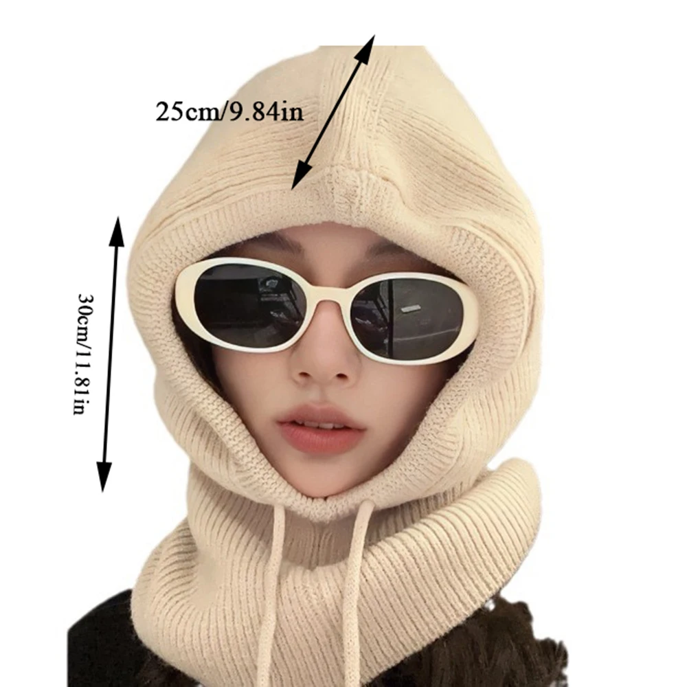 Gorros de pasamontañas para mujer, gorros tejidos con capucha, gorros con cordón más cálidos de estilo coreano para invierno, gorros con cuello de una pieza