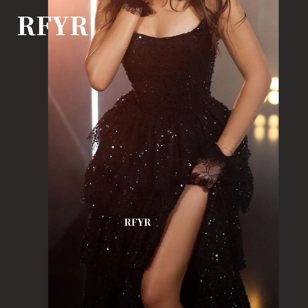 RFYR Glänzendes Abendkleid Trägerlos Vestidos De Noche Glitter Tiered Layers Prom Kleid Applikationen Party Kleid Angepasst