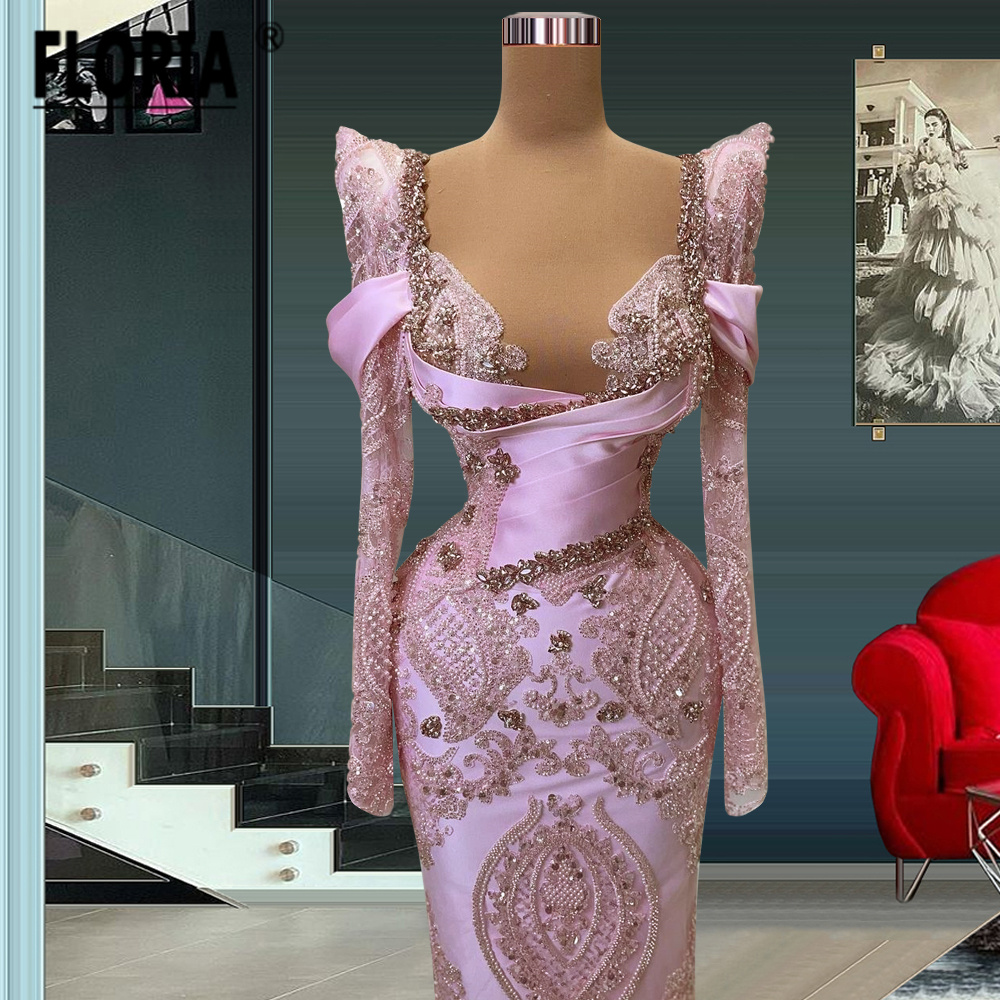 Elegante Prinzessin rosa Perlen formelle Anlass Kleider Dubai Langarm Applikationen Spitze Strass Hochzeits feier Kleider