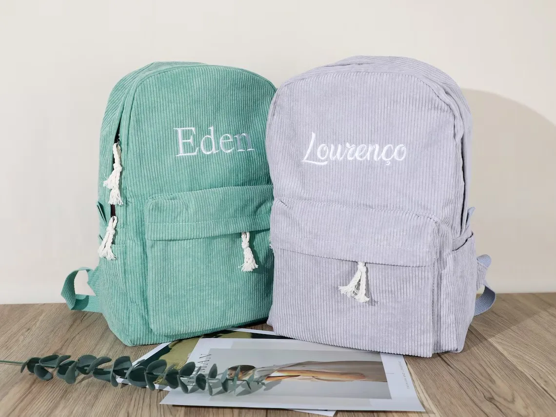 Mochila escolar para niños, mochila personalizada para niños pequeños, bolsa de libros para niños con nombre bordado, mochila de pana para regalo de cumpleaños, bolsa de pañales