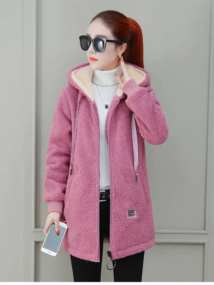 Otoño Invierno nueva chaqueta de longitud media con forro polar grueso para mujer estilo versión coreana cárdigan holgado abrigos superiores
