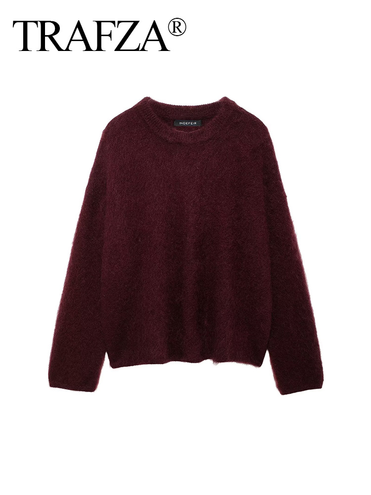 TRAFZA ฤดูหนาวผู้หญิง Burgundy เสื้อแขนยาวลําลอง O-คอหลวม Fluffy Fuzzy เสื้อกันหนาวจัมเปอร์หญิงแฟชั่นถักเสื้อ