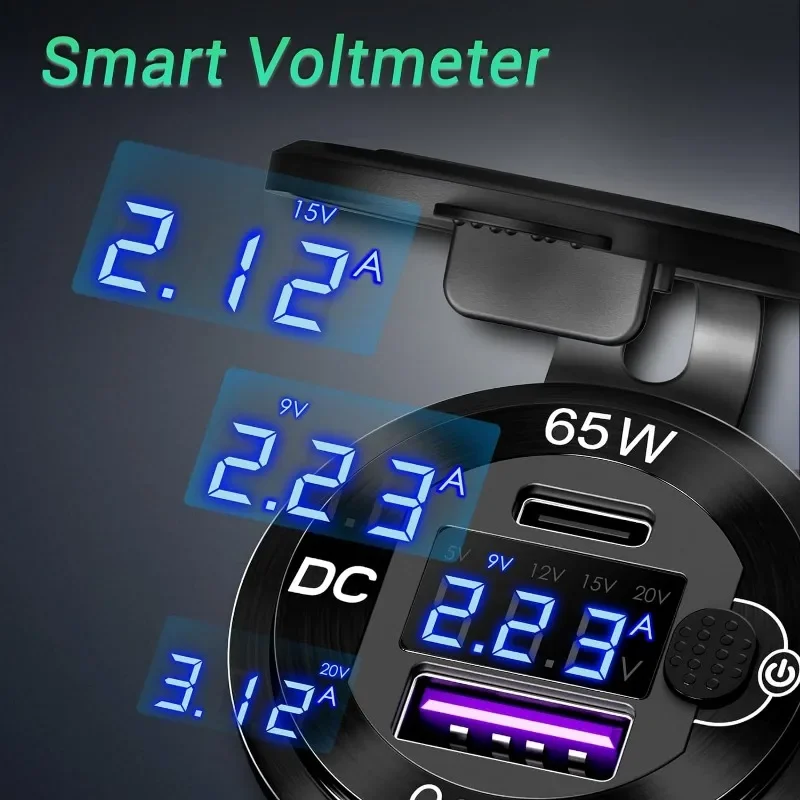12V/24V USB carga de coche 83W PD tipo C toma de carga rápida enchufe de ordenador portátil con voltímetro adaptador de carga de toma de corriente de motocicleta