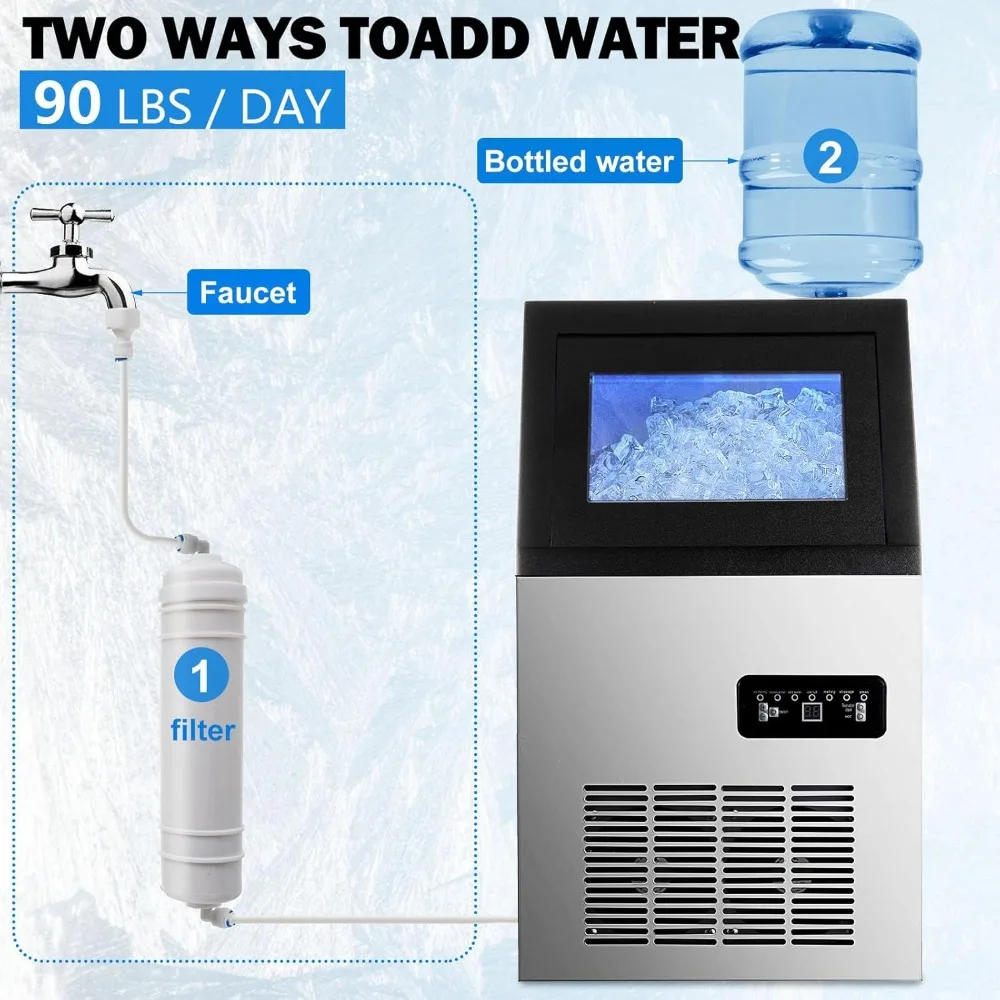 Commercial Ice Maker Machine, 90lbs/24H Ice Maker Machine with 33LBS Storage Bin, Stainless Steel Freestanding Ice Machine