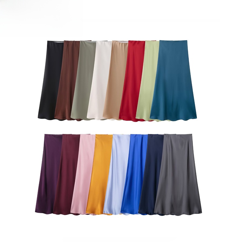 Faion High Waist Silk Satin Midi Skirt Women's New Season Apparel Versatile Ele Ci Commute A-Line Skirt