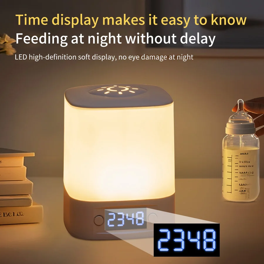 Luz noturna led recarregável com display de tempo, lâmpada de cabeceira com brilho ajustável alimentada por usb para berçário de bebê, quarto de leitura