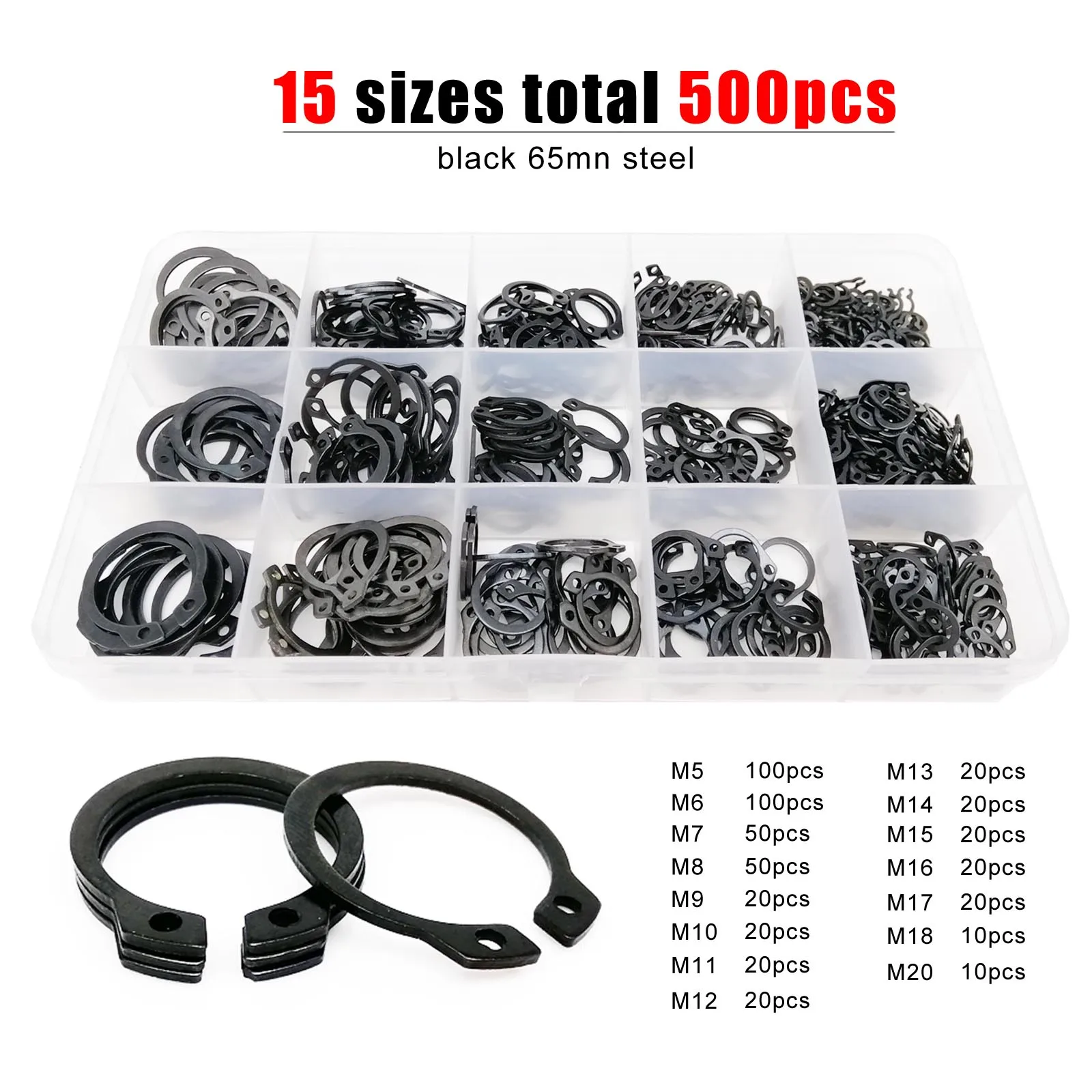500pcs/box C Type External Circlip Clip Snap Ring Mix 15 Sizes M5 to M20 Kit Set for Shaft Bearing Retaining Black 65mn Steel
