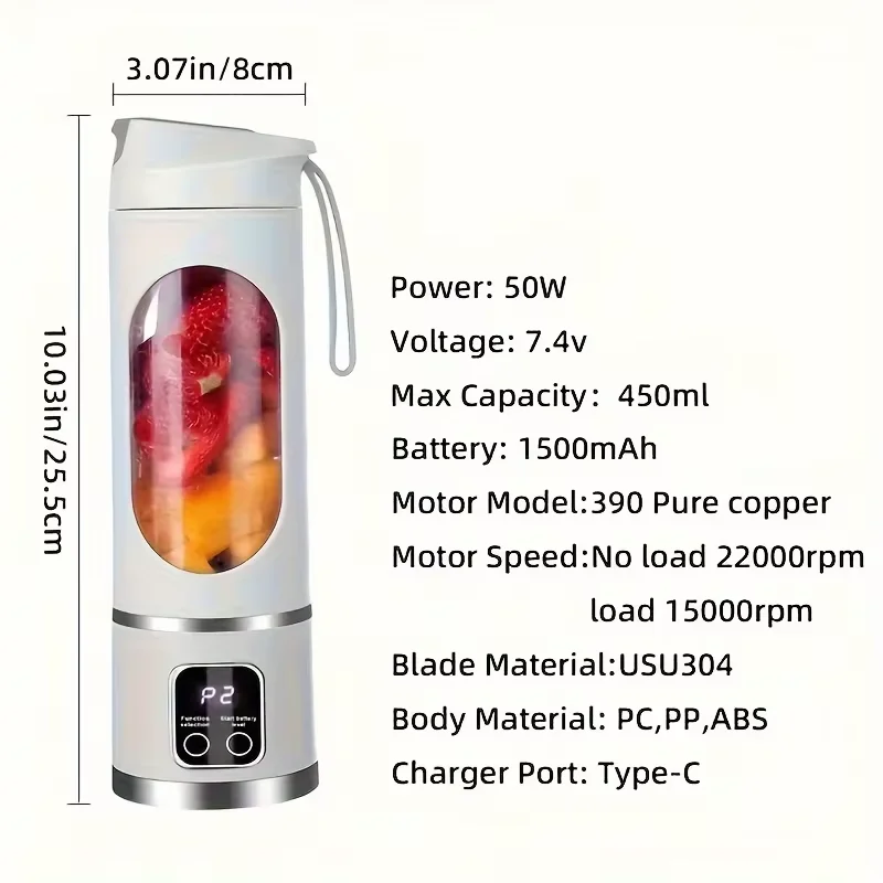 10개의 칼날을 가진 휴대용 과일 주서기 450ml 용량 3단계 USB 충전식 블렌더 아이스 크러셔 쉐이크 및 스무디용 주서기 컵