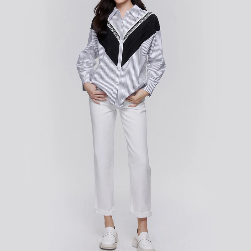 เสื้อเชิ้ตผู้หญิง High-End และ Elegant เดินทางสํานักงานผู้หญิงเสื้อ Patchwork ลายหลวมสบายๆสุภาพสตรีเสื้อแฟชั่น