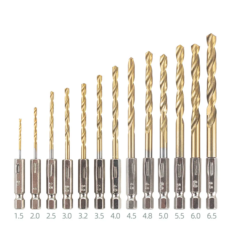 13 pçs alça hexagonal titânio torções broca 1.5-6.5mm broca elétrica chave de fenda perfuração alargamento ferramenta broca espiral