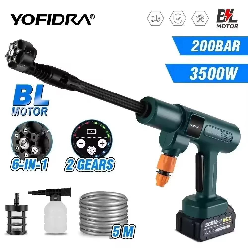 YOFIDRA 3500 ワット 200Bar ブラシレス電動高圧洗浄機 6 IN1 洗車水鉄砲ガーデンスプレーガン 18V-21V バッテリー用
