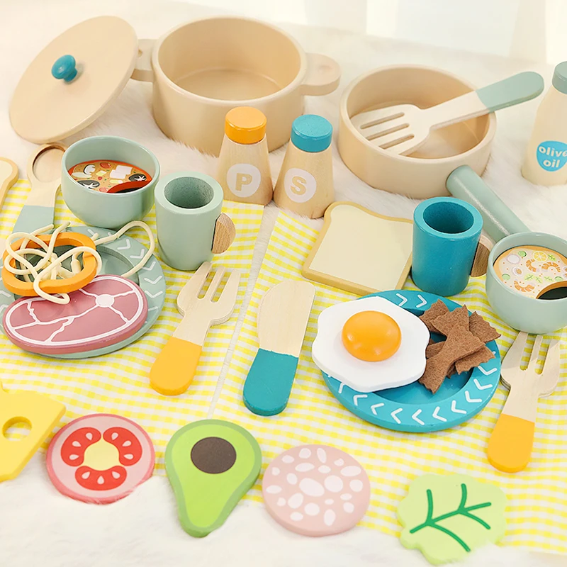 Giocattoli da cucina di simulazione per bambini in legno, giocattoli educativi per la prima educazione, pentole, padelle, giochi di finzione, cibo, giochi di ruolo