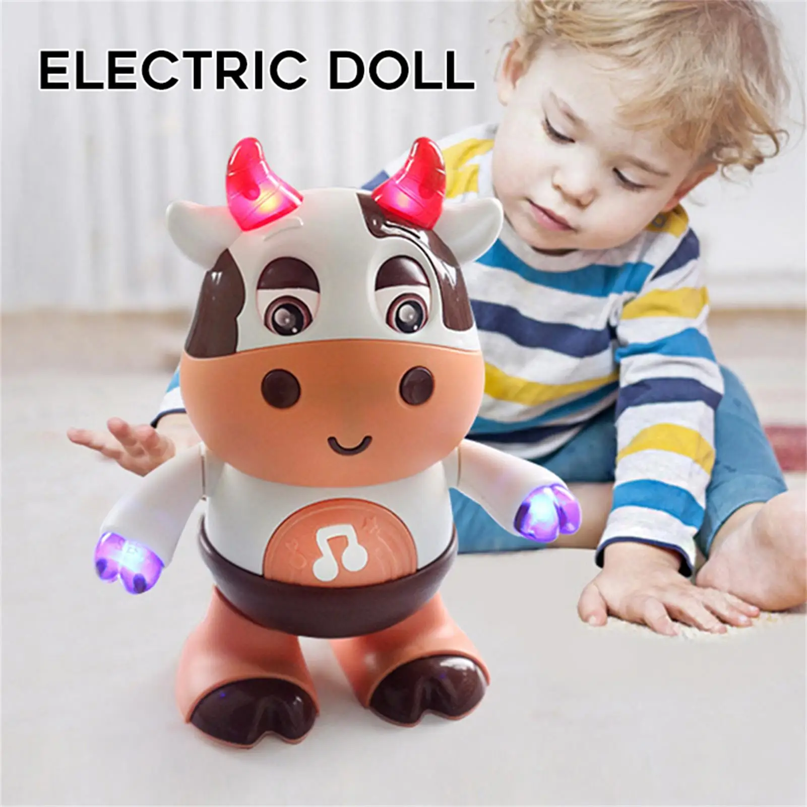 Robô elétrico de dança de vaca, brinquedo inteligente com rotação de 360 graus, música com luz, lembranças para festa e material escolar fou99
