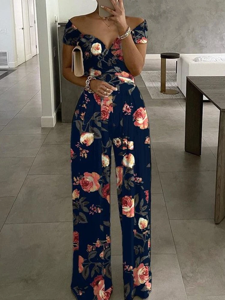 Bloemenprint Jumpsuit Dames Zomer Y2k Rechte Party Overalls Y2k Club Romper Elegant Off Schouder Mouwloze Party Jumpsuits